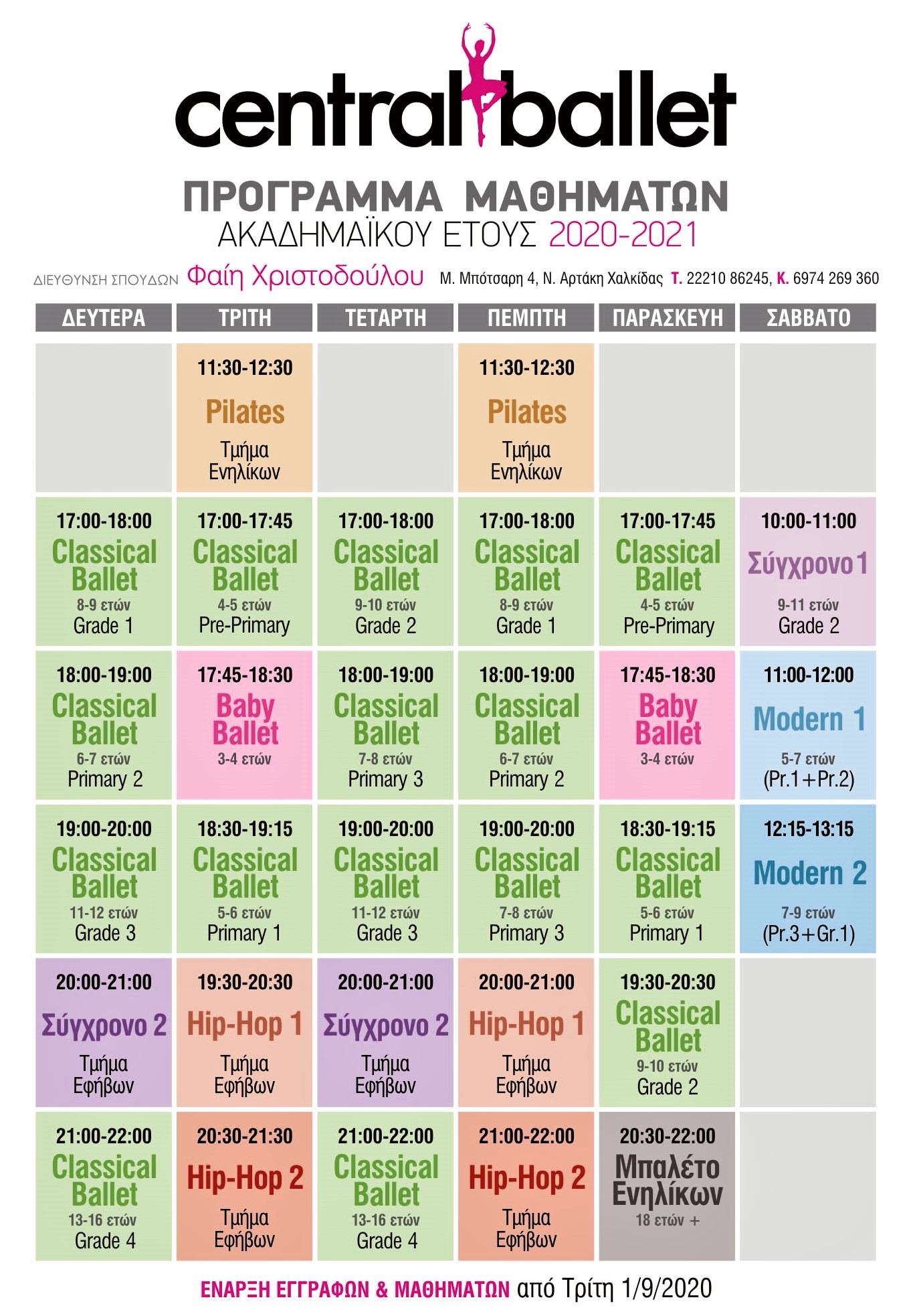 Πρόγραμμα Μαθημάτων Central Ballet ακαδημαϊκού έτους 2020-2021